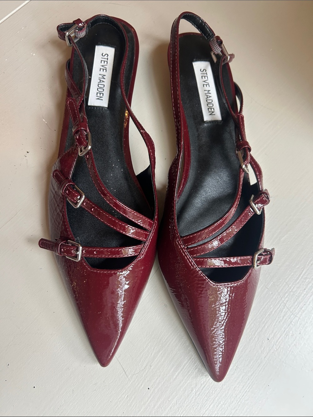 Steve Madden Women's Burgundy Patent Pointed Toe Triple-Strap Slingbacks